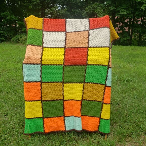 Vintage Crochet Afghan Large Patchwork Squares Blanket 70s Boho Hippie Bohemian